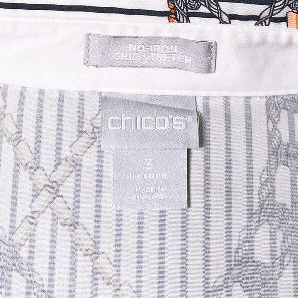 Chicos Womens Shirt 3 XL Navy White Chain Rope Stripe Tunic Stretch Button Top - Picture 3 of 10